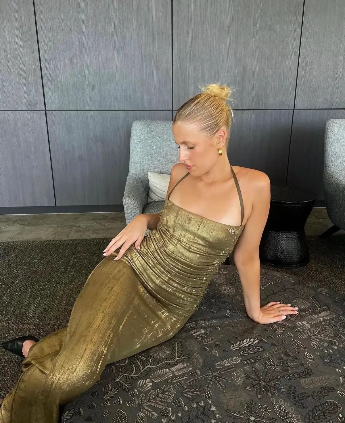 Diesel Metallic Ruched Halterneck Gown Gold Size M / Au 10 photo 5