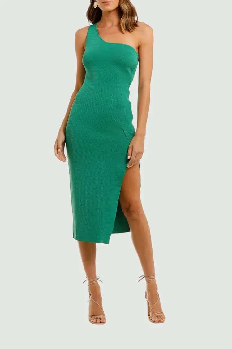 By Johnny Asymmetric Knit Midi Dress Green Size 12 photo 2