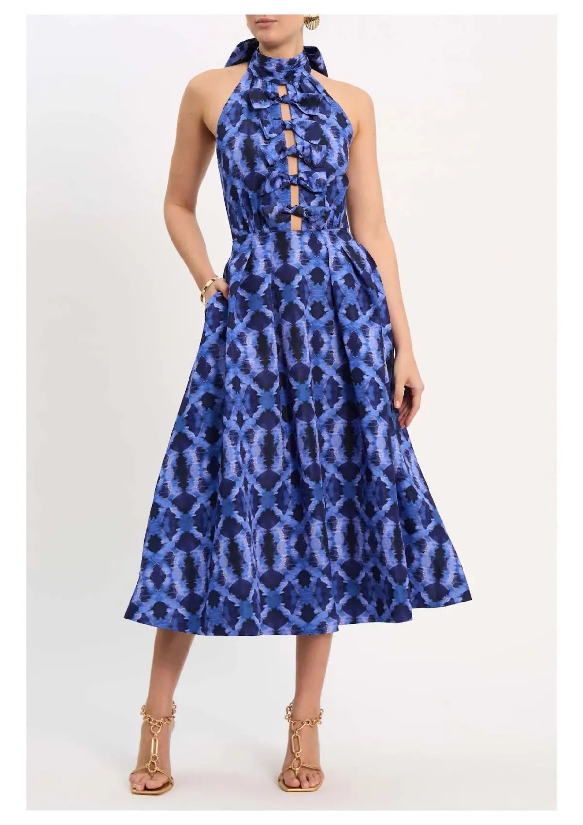 Rebecca Vallance Shiloh Halter Midi Dress Blue Print Size 14 photo 2