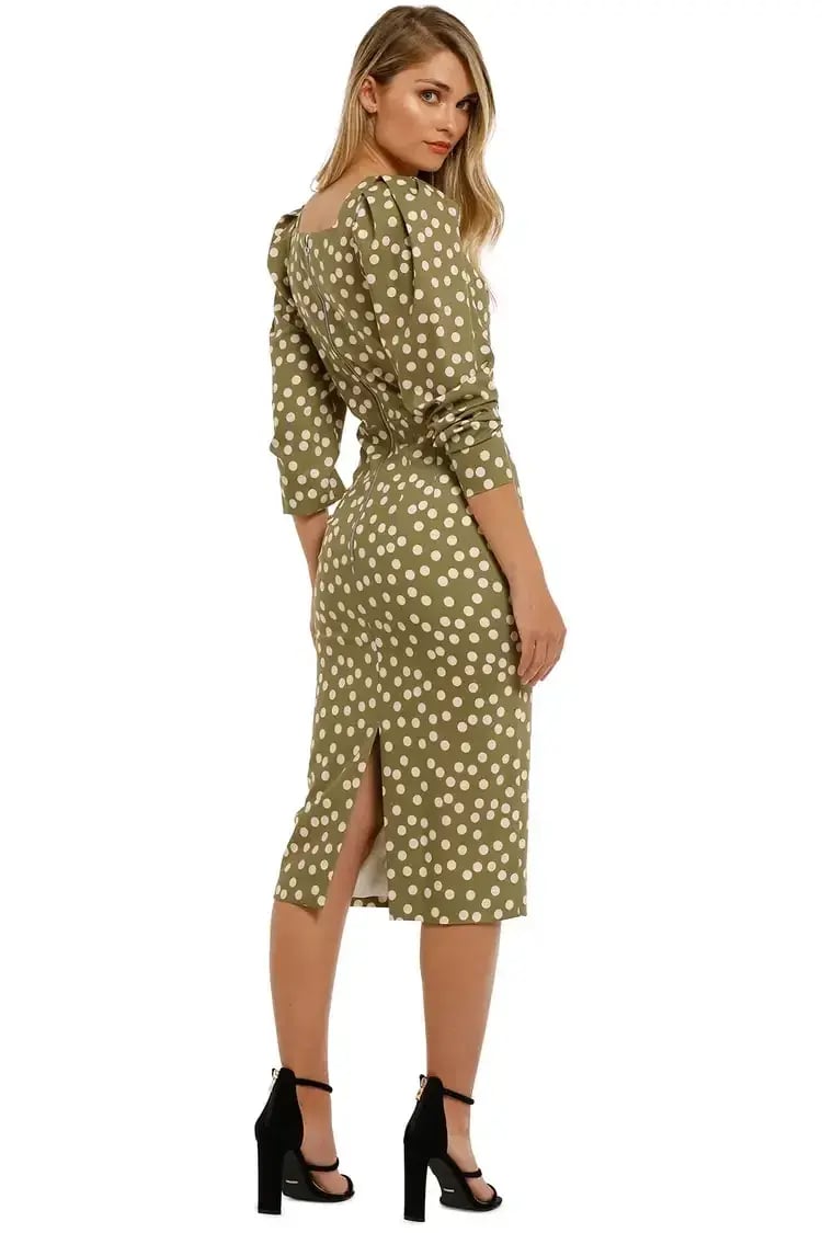 By Johnny Peach Polka V Plunge Midi Dress in Olive Peach Size 10 photo 3