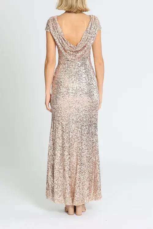 Badgley Mischka Sequin Cowl Back Gown Blush Pink Rose Gold Size 12 photo 3