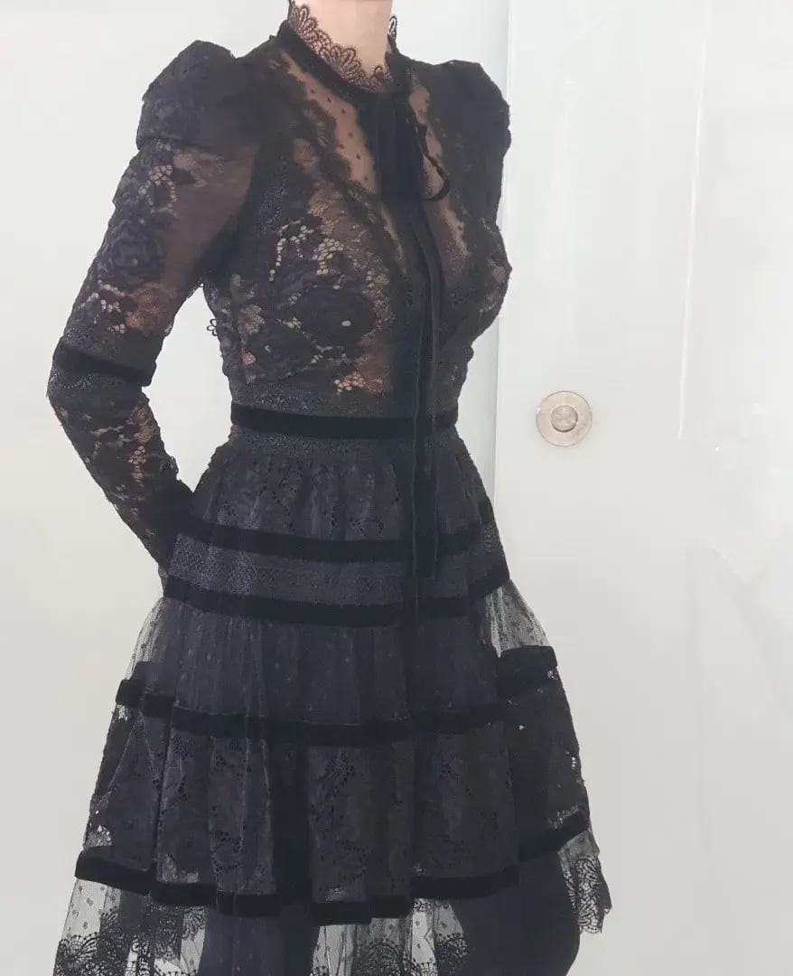 Elie Saab Velvet Trimmed Lace Mini Dress Black Size 6 photo 3