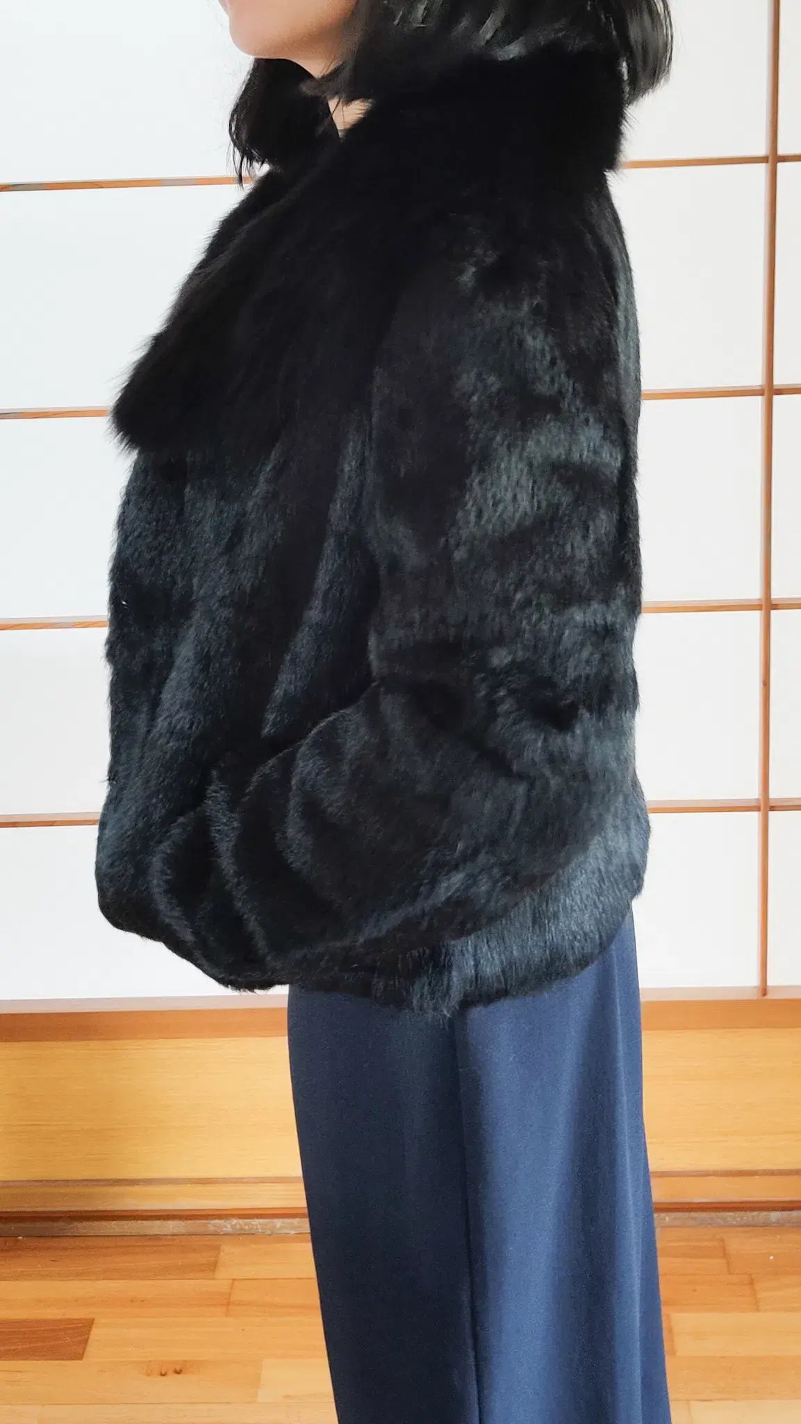 Black Genuine Rabbit Fur Jacket with Fox Collar in Small / AU 8 photo 4