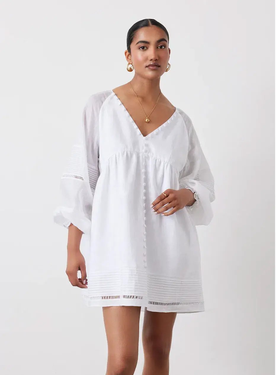 Joslin Lilian Linen Ramie Mini Smock Dress White Size 14 photo 2