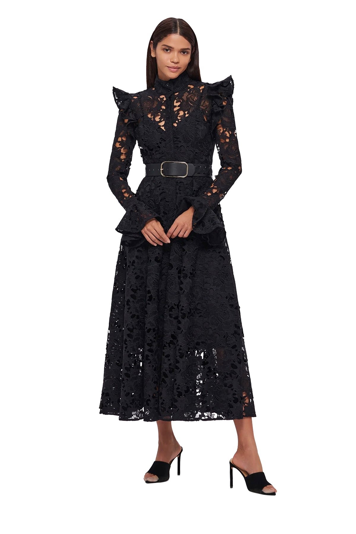 LEO LIN ALIYAH LACE BUTTERFLY SLEEVE MIDI DRESS - EBONY photo 7