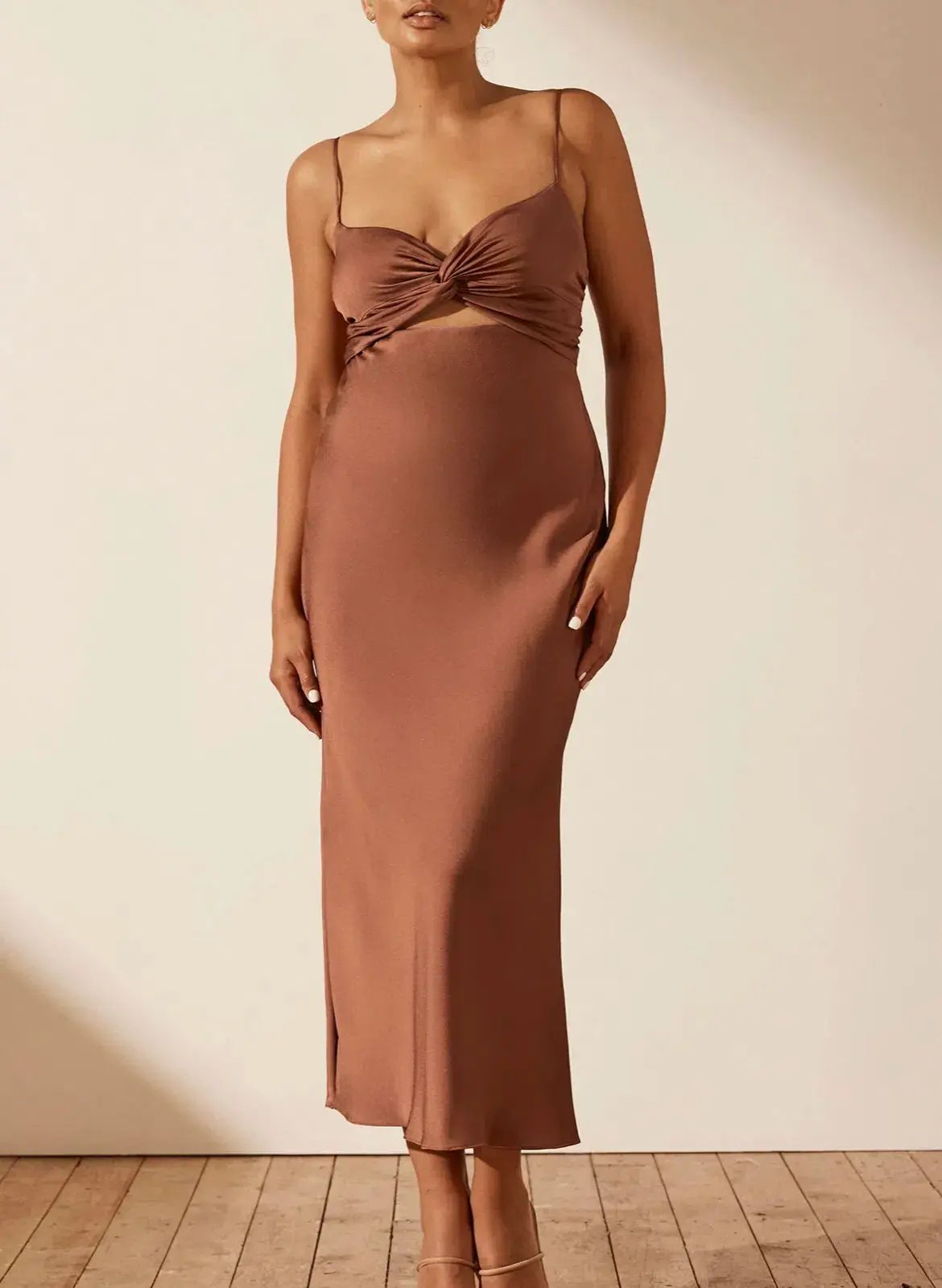 Shona Joy Luxe Twist Front Sleeveless Midi Dress Mocha Size AU 16 photo 2