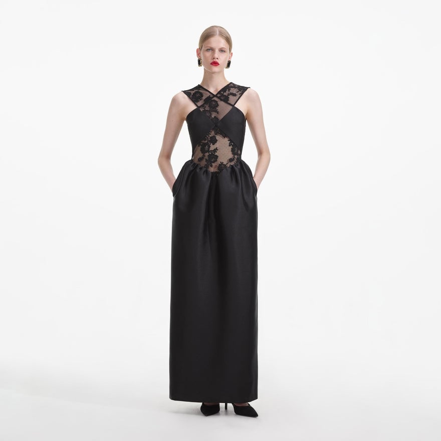 Self-Portrait Lace-trim Taffeta Maxi Dress - Black photo 4