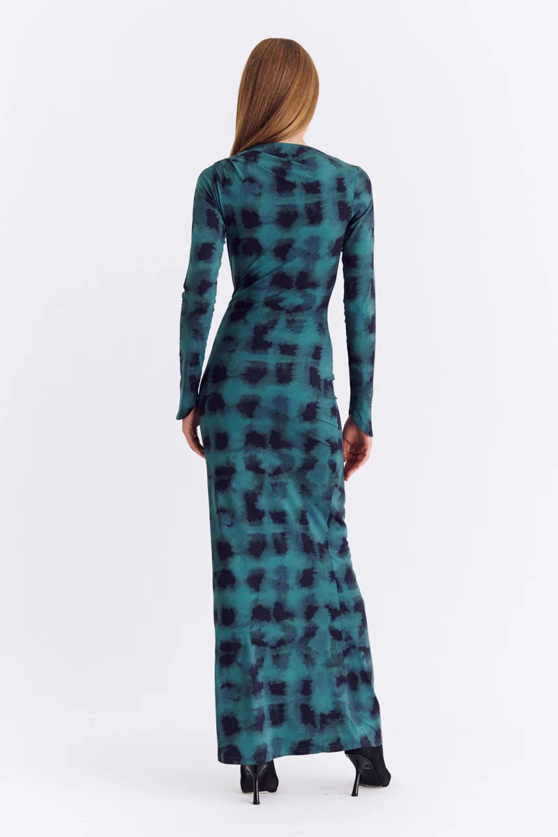 SUBOO SHIBORI LONG SLEEVE ROUCHED DRESS - GREEN PRINT photo 4
