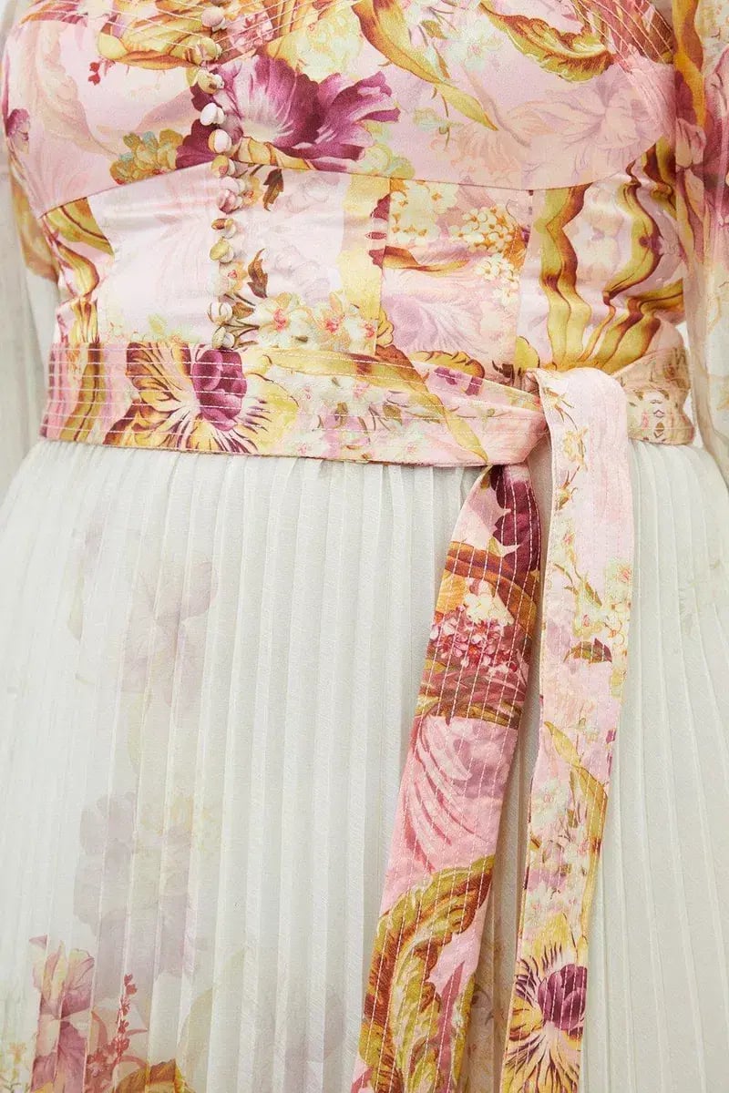 Karen Millen Border Print Floral And Satin Bodice Pleat Woven Maxi Dress Size AU 22 photo 3