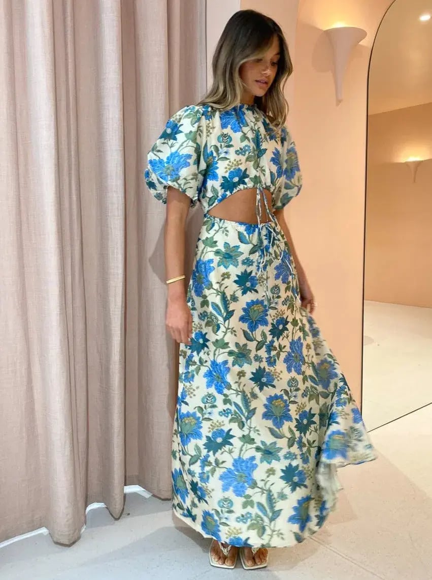 Sir the Label Celia Puff Sleeve Midi Dress in Blue Floral Alexandre Print Size 0 (AU 6) photo 2