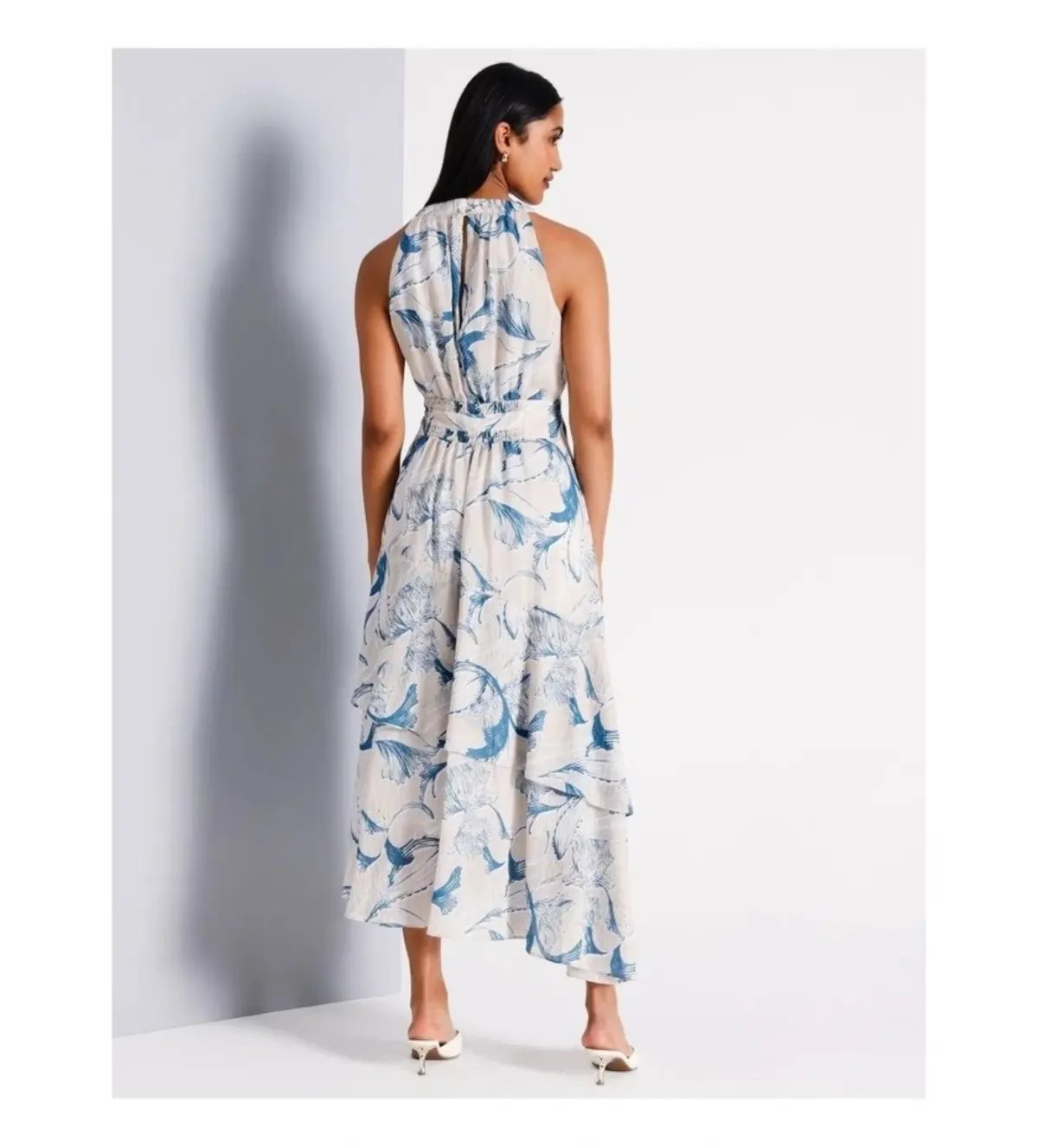 Basque Gathered Neck Asymmetric Midi Dress Abstract Floral Size AU 16 photo 3