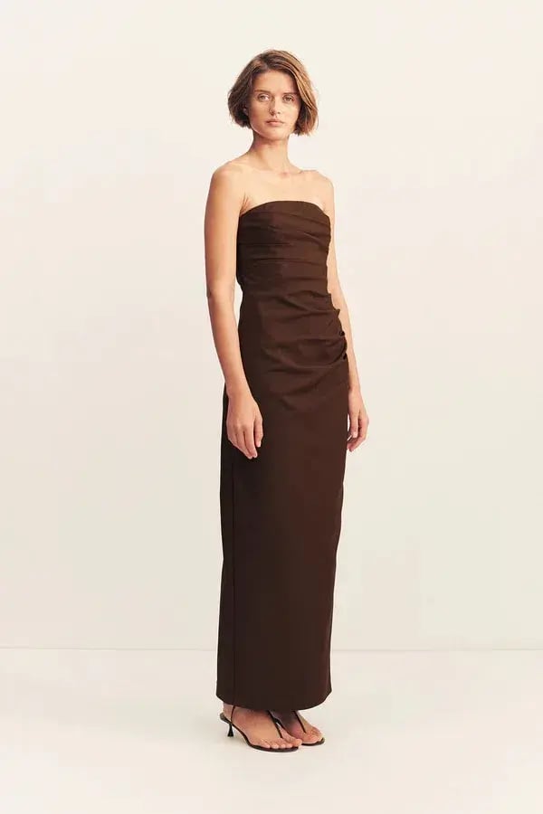 Shona Joy Lani Strapless Draped Maxi Dress Espresso Size AU 14 photo 2