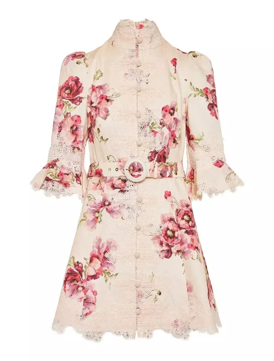 Zimmermann High Tide Applique Mini Dress Cream Poppy Floral Size 8 photo 5
