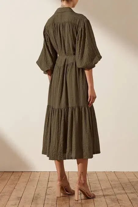 Shona Joy Mila Button Up Tiered Midi Dress Green Size 8 photo 2