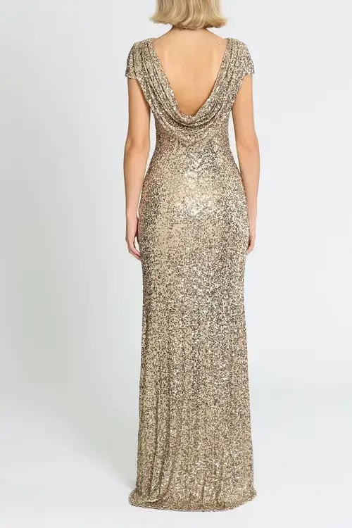 Badgley Mischka Sequin Cowl Back Gown Gold Size 10 photo 3