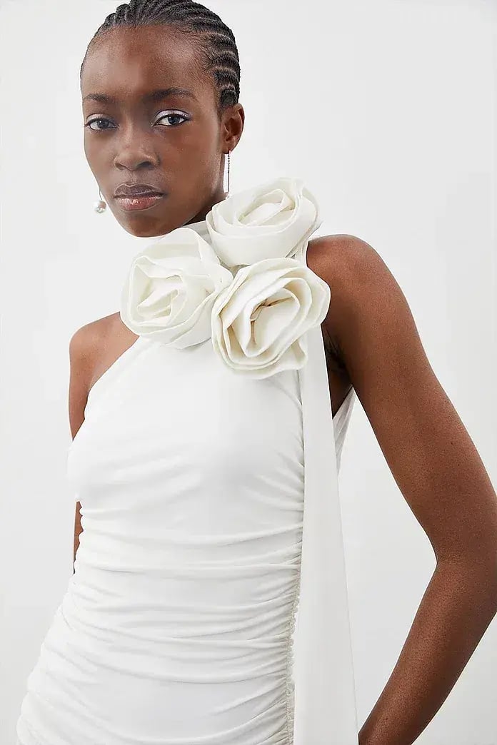 Karen Millen Drapey Ruched Jersey Rosette Midi Dress White Size S /Au 8 photo 2