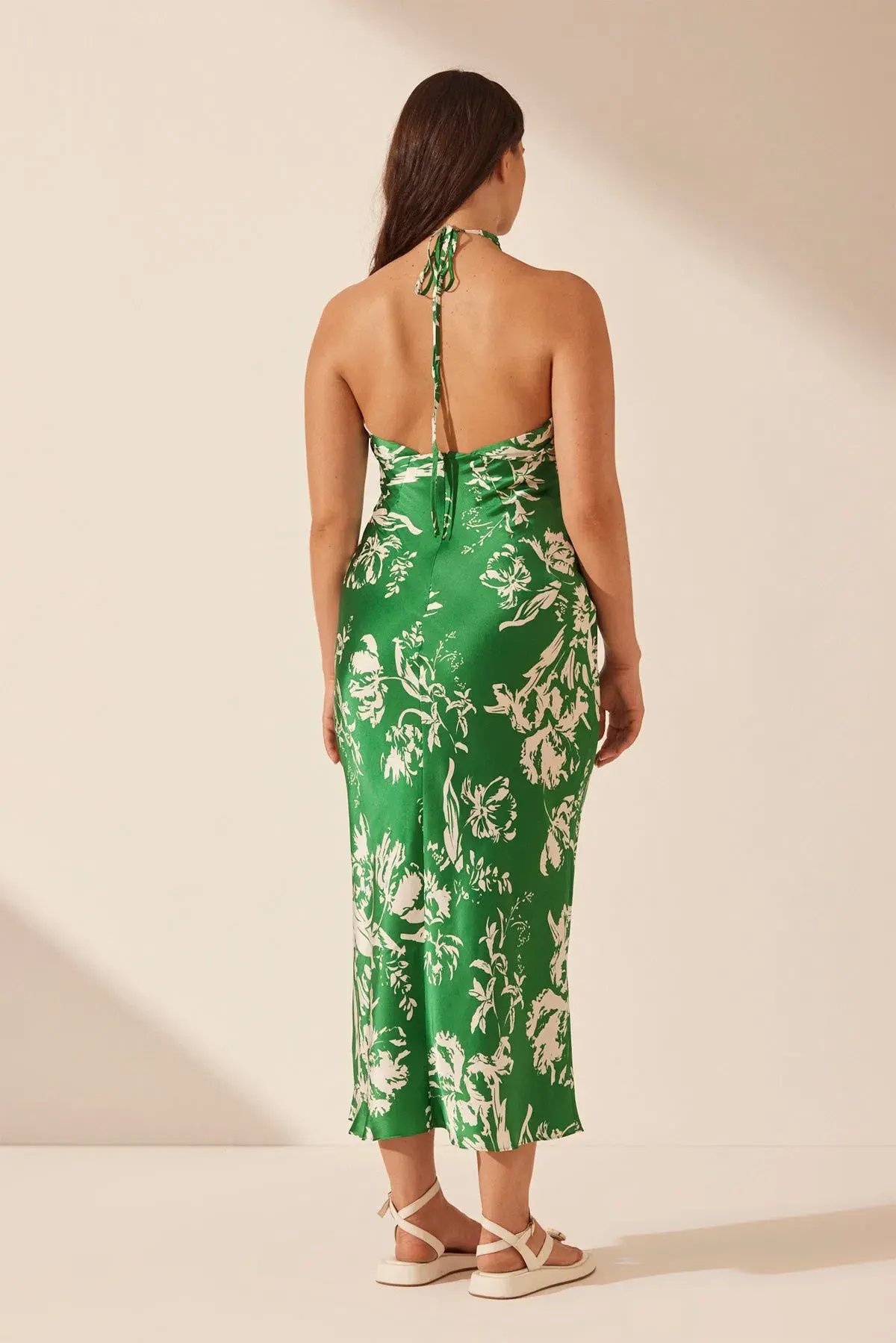 Shona Joy Coppice Silk Cross Front Halter Bias Midi Dress Green Floral Size 12 photo 3