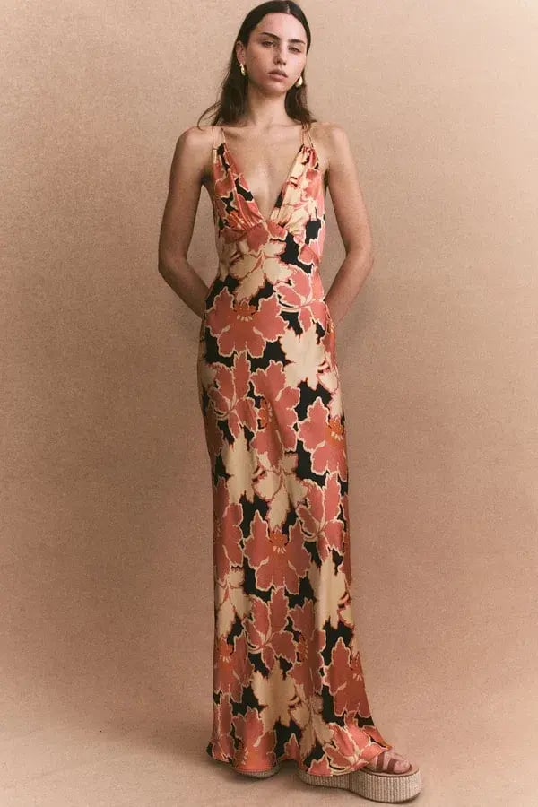 Shona Joy Rosa Silk Plunged Double Strap Maxi Dress Coral Pink/Multi Size 14 photo 5