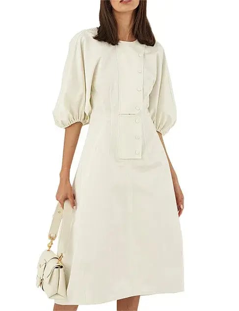 Oroton Sculptured Sleeve Midi Dress in Egg Shell Cream Size 8 photo 2