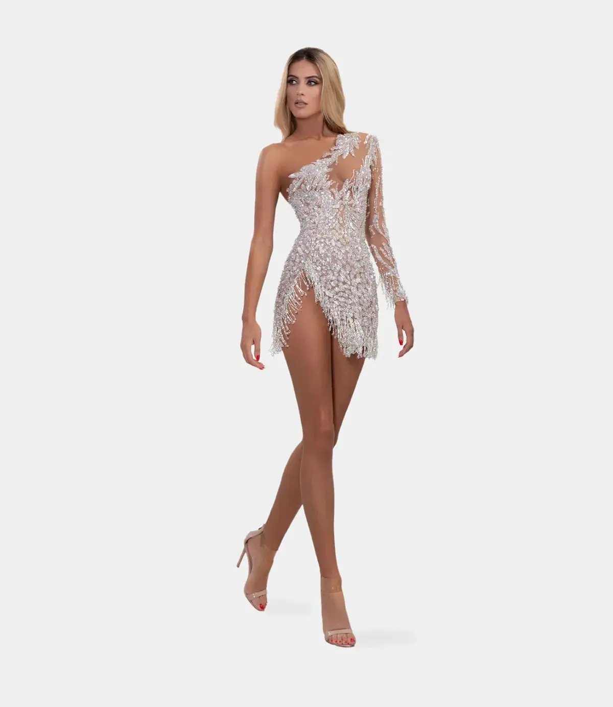 Albina Dyla Short Silver One Sleeved Dress Sequin Size 8 photo 3