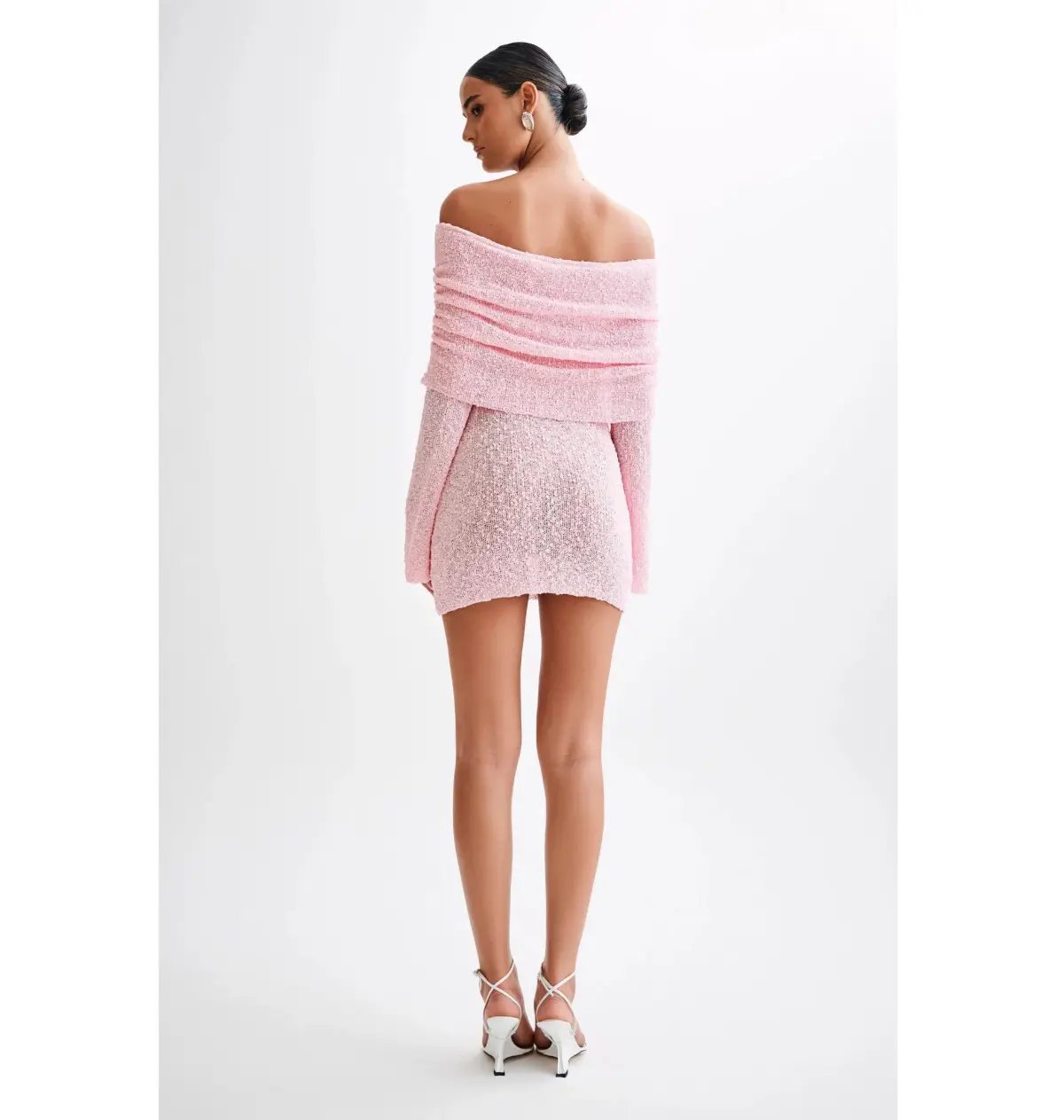 Meshki Marisol Off Shoulder Boucle Mini Dress in Baby Pink Size S / AU 8 photo 4
