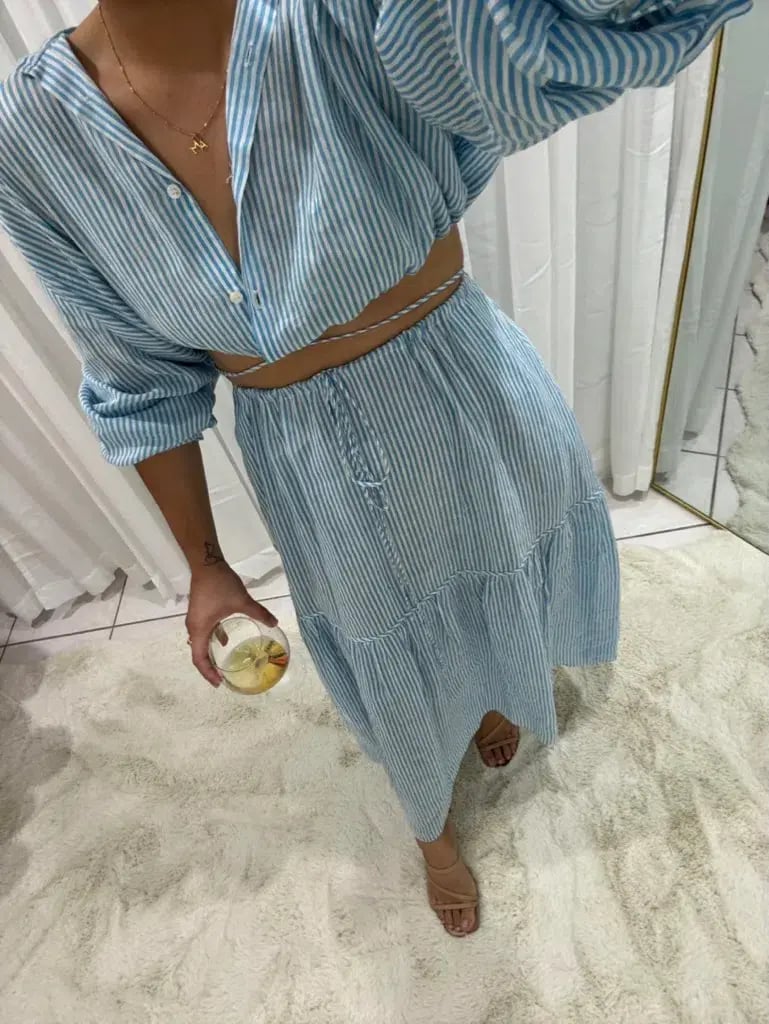 Scanlan Theodore Striped Cotton Voile Crop Shirt and Skirt Set Print Blue Size AU 6 photo 4