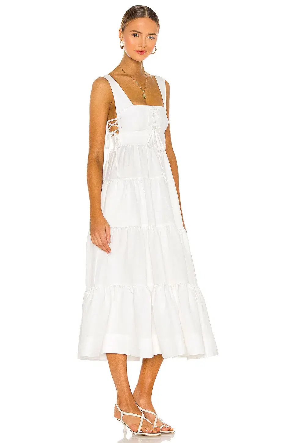 Shona Joy Blanca Lace Up Tiered Midi Dress Ivory Size 8 photo 2