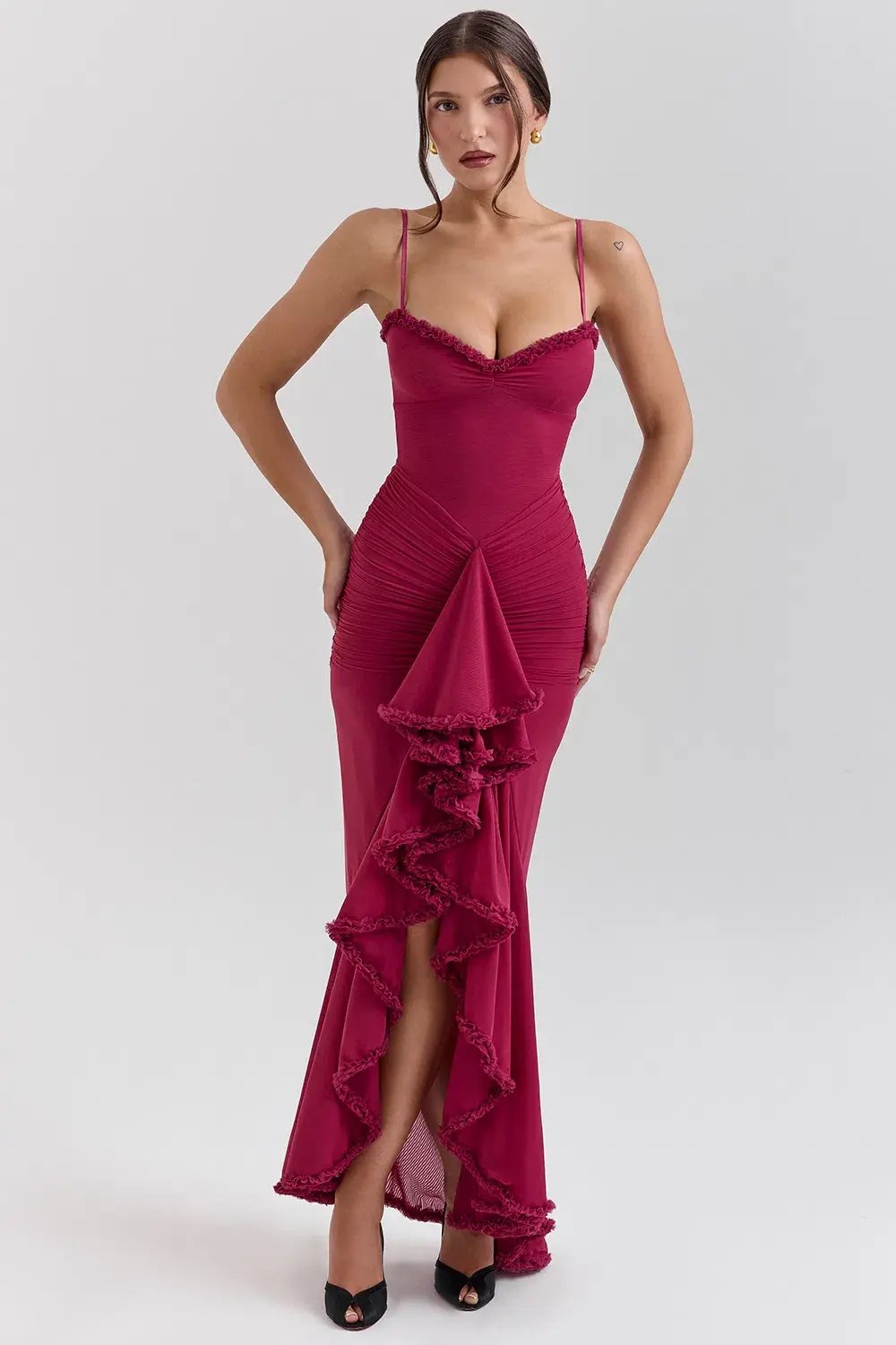 House of CB Gabbi Ruffled Front Gown Wine Size XS / AU 6 photo 2