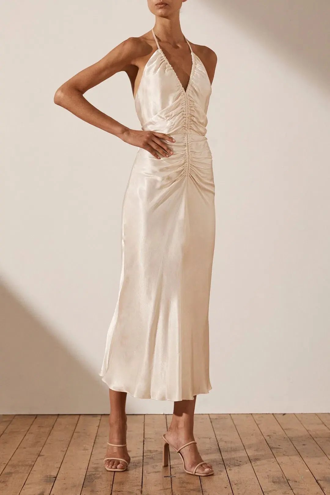 Shona Joy Sophia Ruched Halter Dress Cream Size 12 photo 3