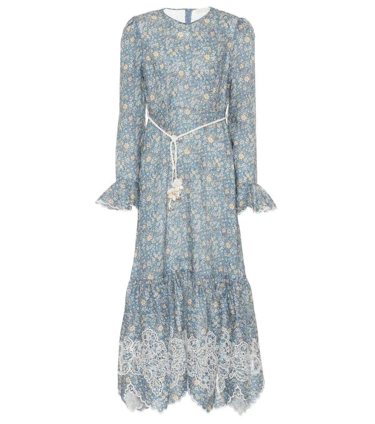 Zimmermann Carnaby Belted Broderie Anglaise-trimmed Floral-print Linen Midi Dress In Blue Print Size 14 photo 3