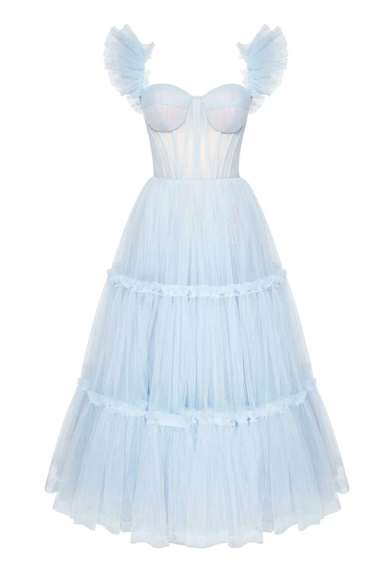 MILLA RUFFLED TULLE MIDI DRESS - LIGHT BLUE photo 3