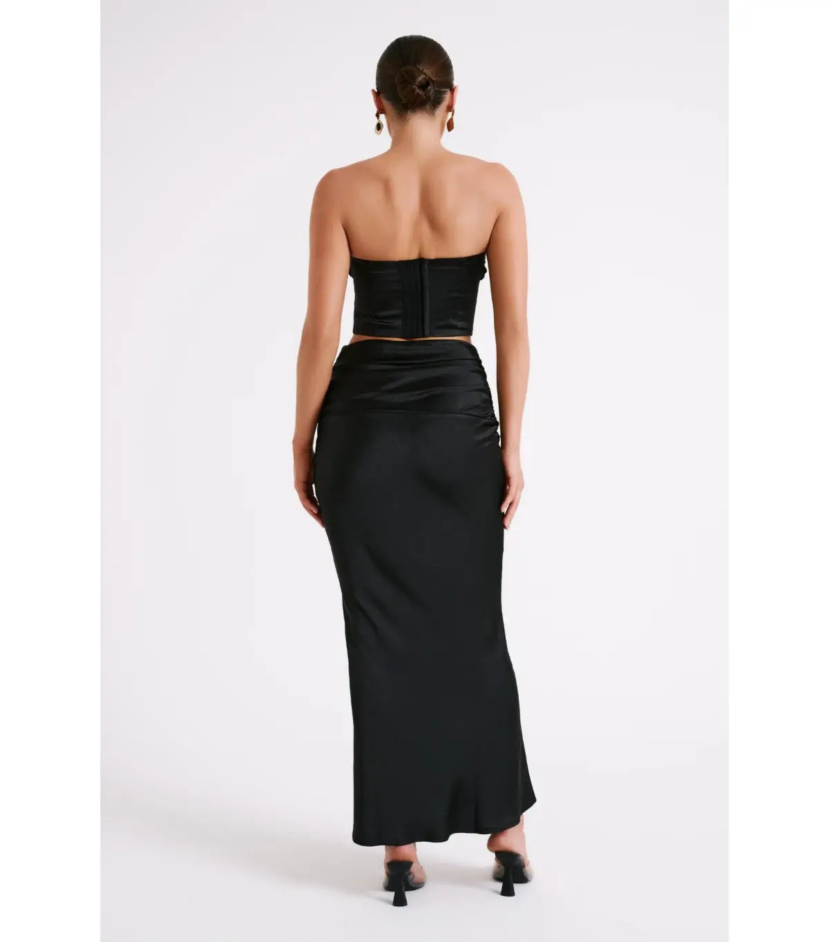 Meshki Khalani Ruched Strapless Satin Top and Skirt Set Black Size AU 8 photo 4
