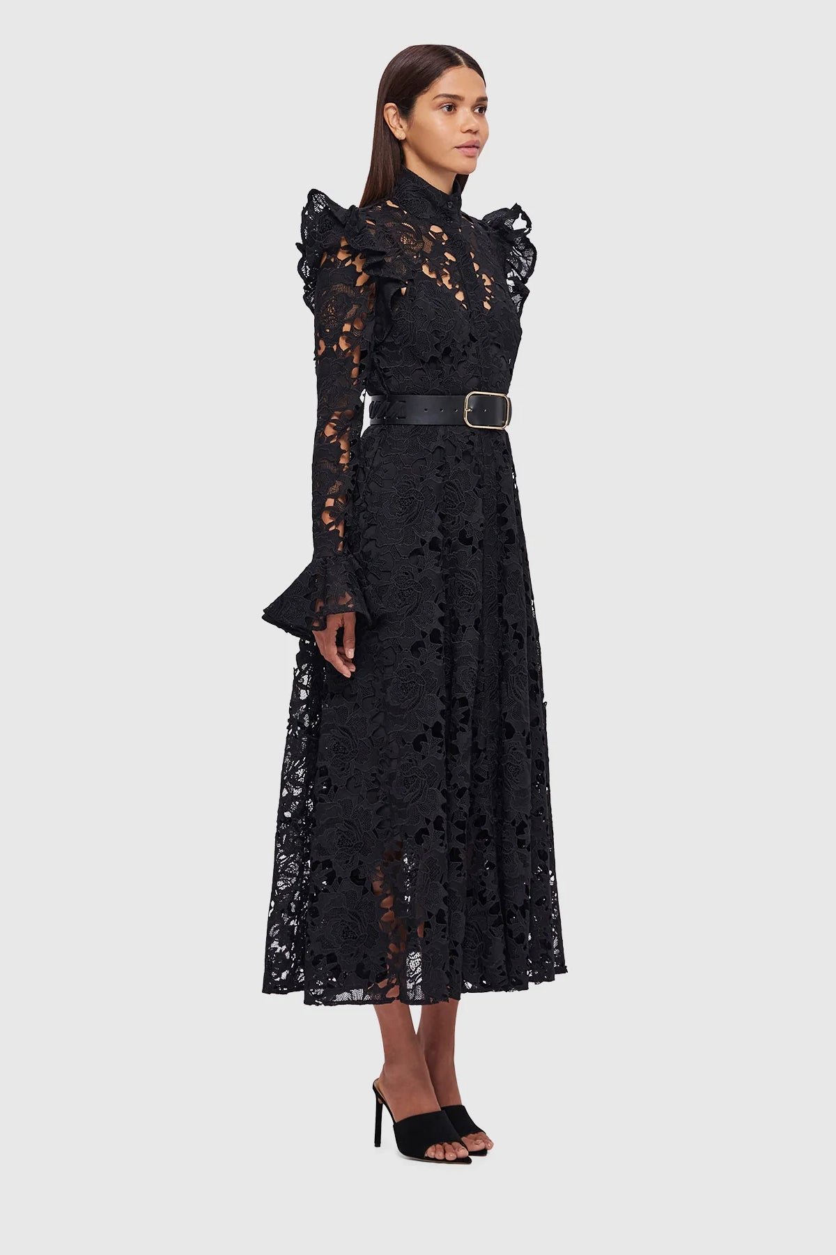 LEO LIN ALIYAH LACE BUTTERFLY SLEEVE MIDI DRESS - EBONY photo 4