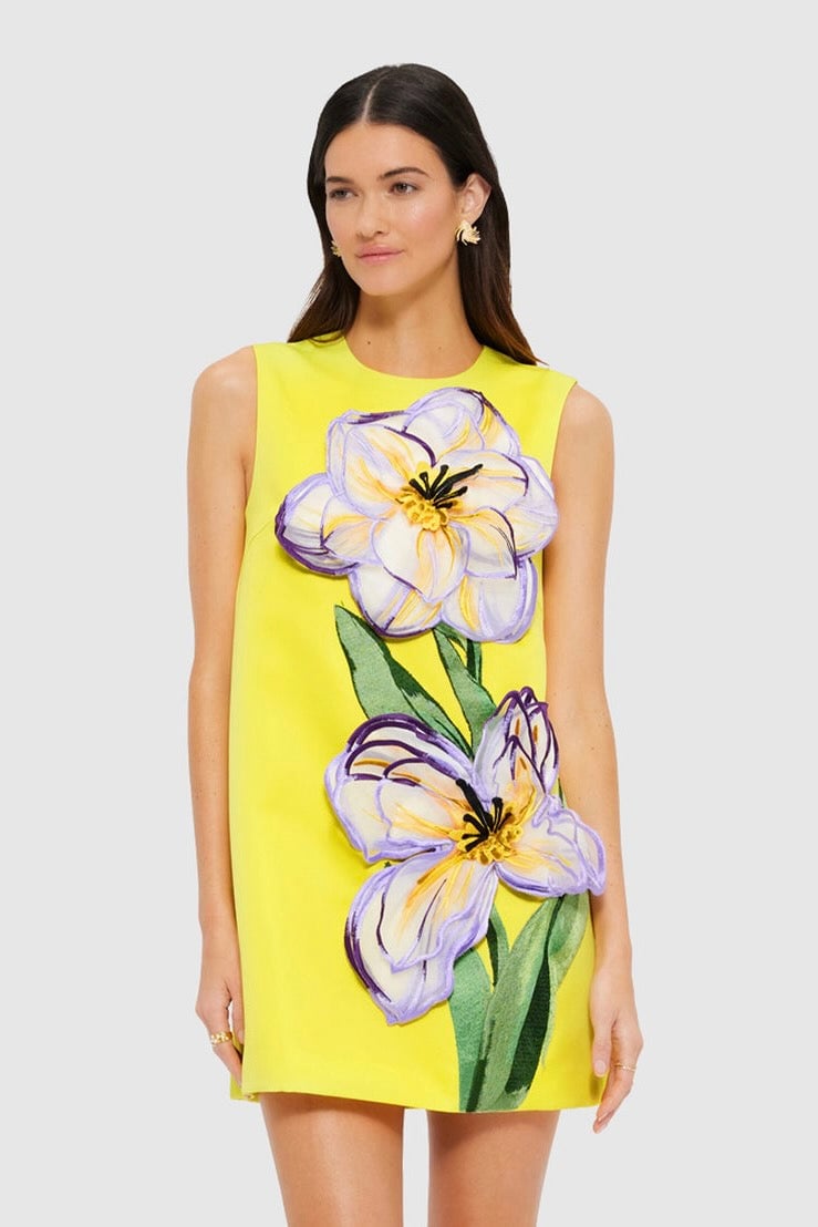 Leo Lin Yvonne Appliqué Floral Mini Dress - Iris Print in Yellow photo 4