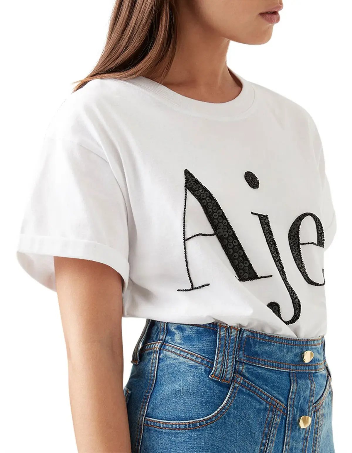 Aje Belmond Mini Skirt in Denim Blue Size 8 and Logo Tee White Print Size 6 Set photo 3
