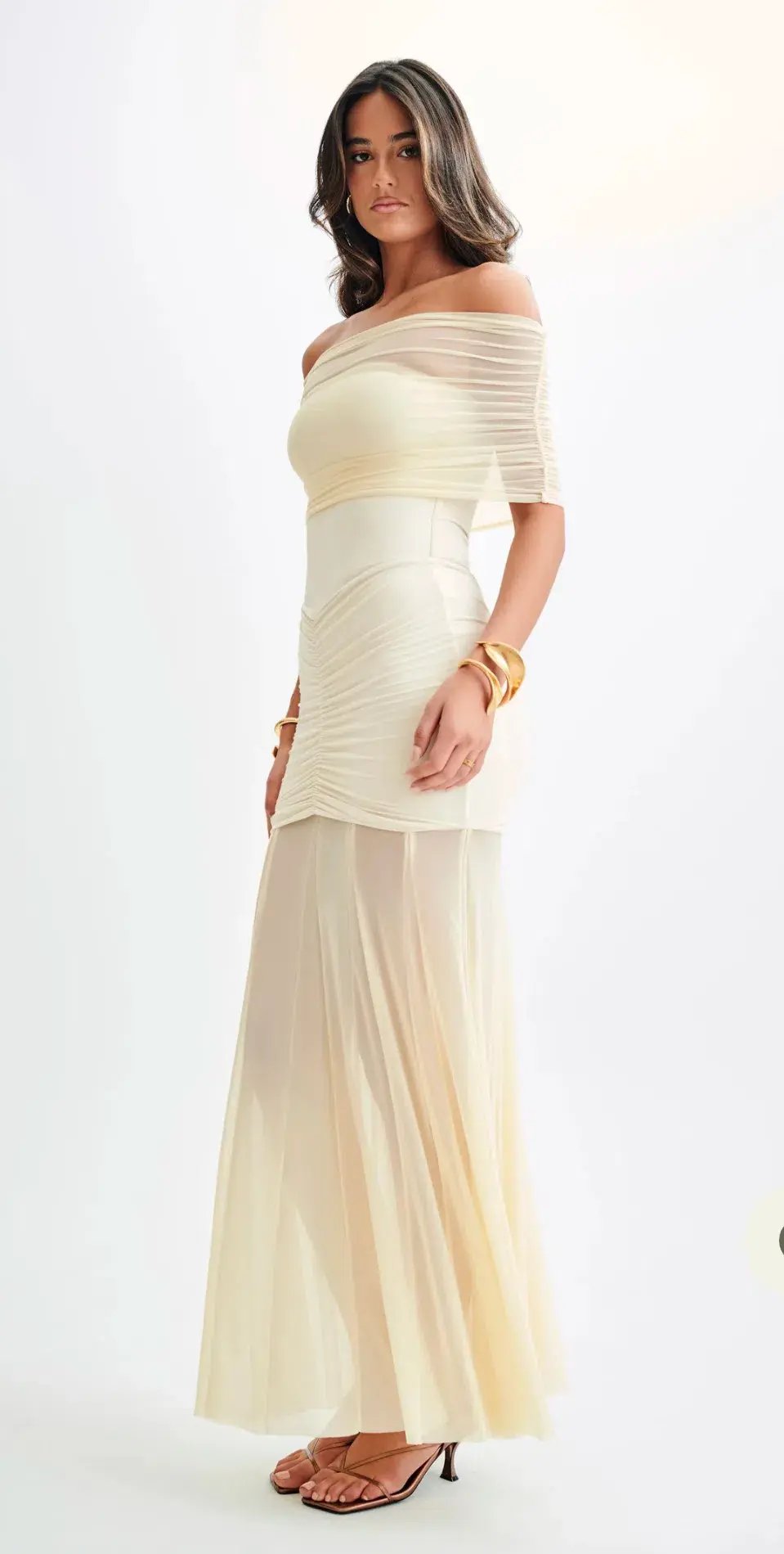 Meshki Caspian Slinky Mesh Off Shoulder Maxi Dress Ivory Size 6 photo 5