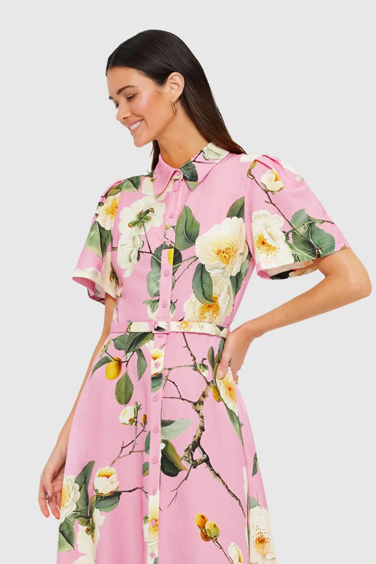 LEO LIN BECCA SHORT SLEEVE MIDI DRESS - CAMELIA PRINT photo 2