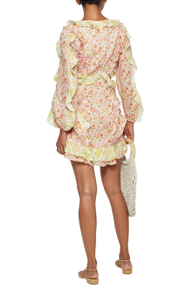 Zimmermann Goldie Spliced Cutout Ruffled Linen Mini Dress Floral Size 2 / Au 12 photo 2