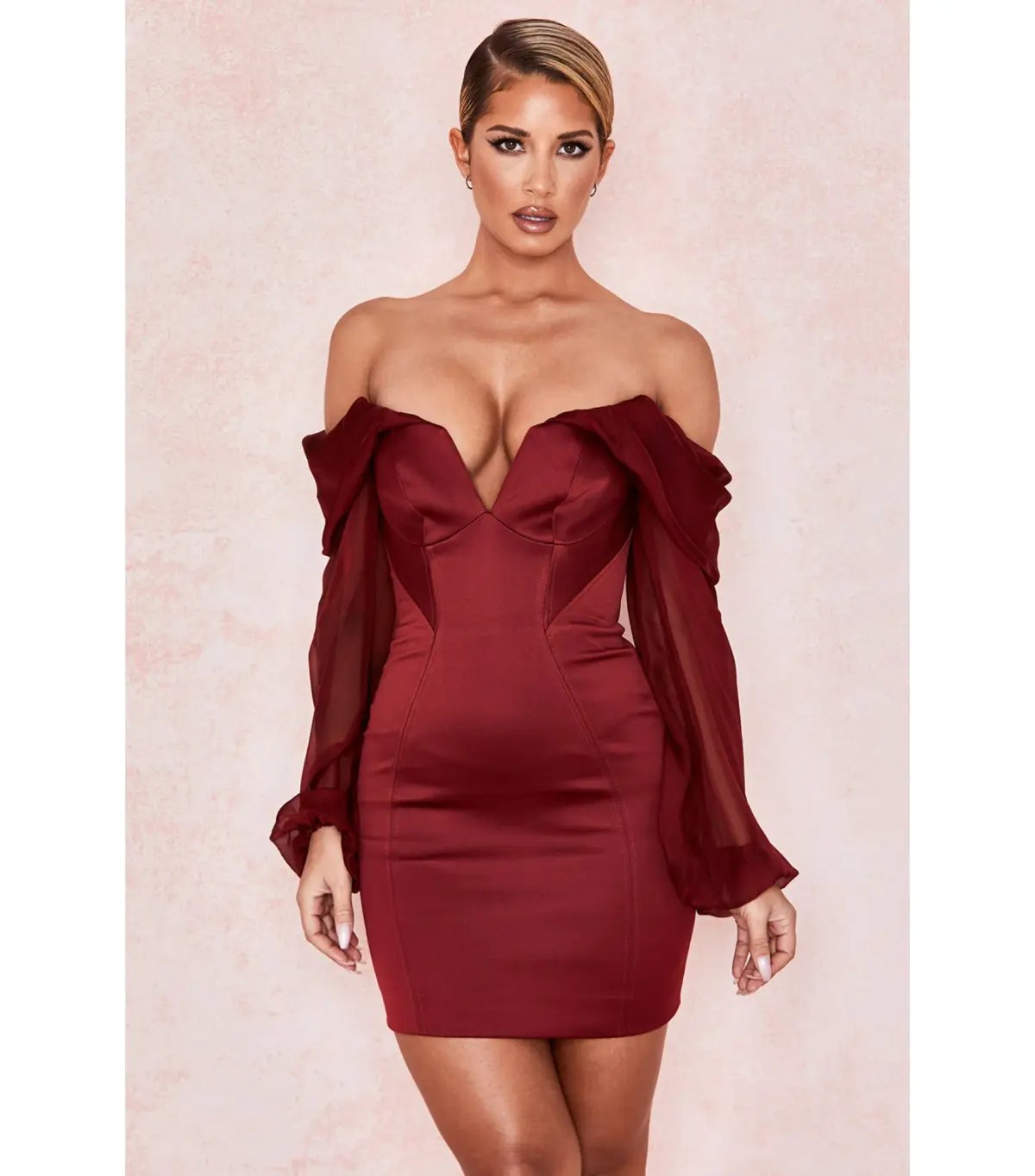 House Of CB Olivia Satin Off Shoulder Dress Wine Size M / AU 10 photo 2