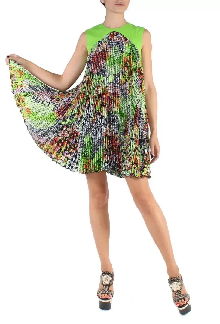 Versace Green Multicolor Plisse Tent Mini Dress Sleeveless Made in Italy Size 38 photo 2