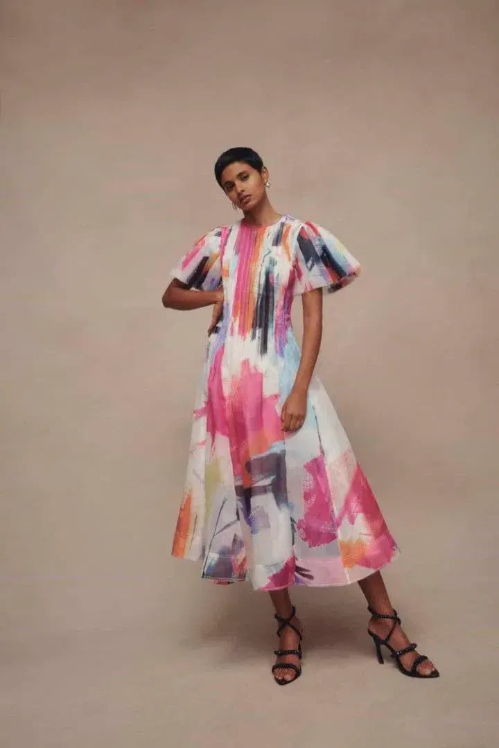 Aje Nova Pleated Midi Dress in Abstract Sunset Size 6 photo 3
