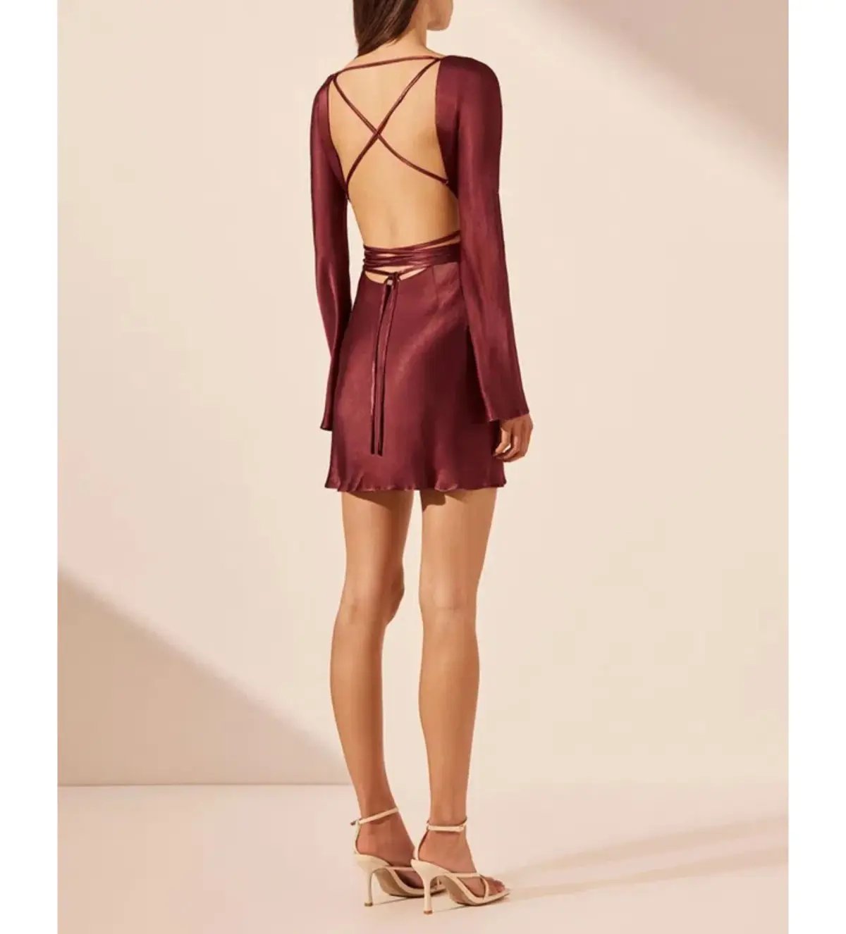 Shona Joy Elia Long Sleeve Open Back Tie Mini Dress Burgundy Size 10 photo 2