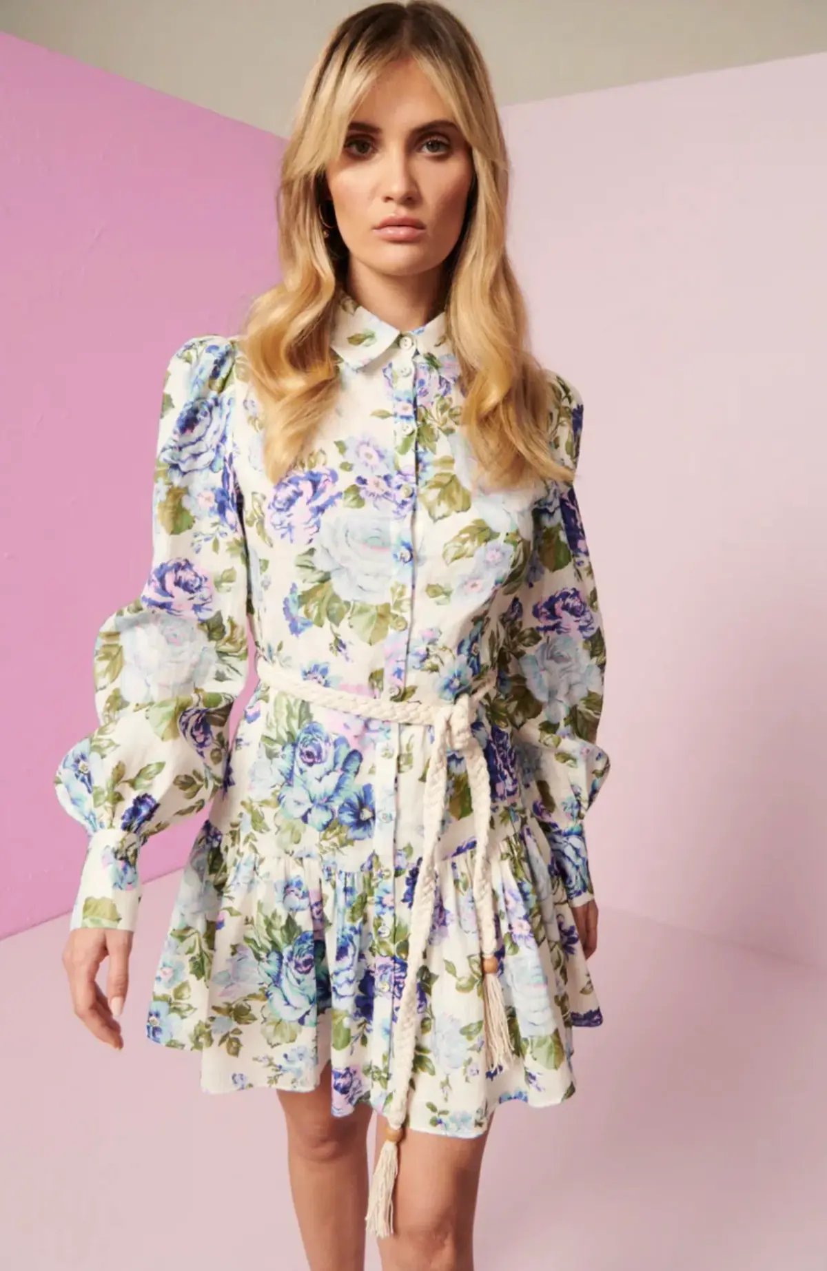 Kate Ford Mojave Short Shirt Dress Belt Floral Blue Size 3/Au 12 photo 2