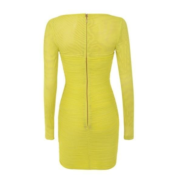 House of CB Valentina Chartreuse Long Sleeve Ruched Organza Mini Dress Yellow Size 6 photo 3