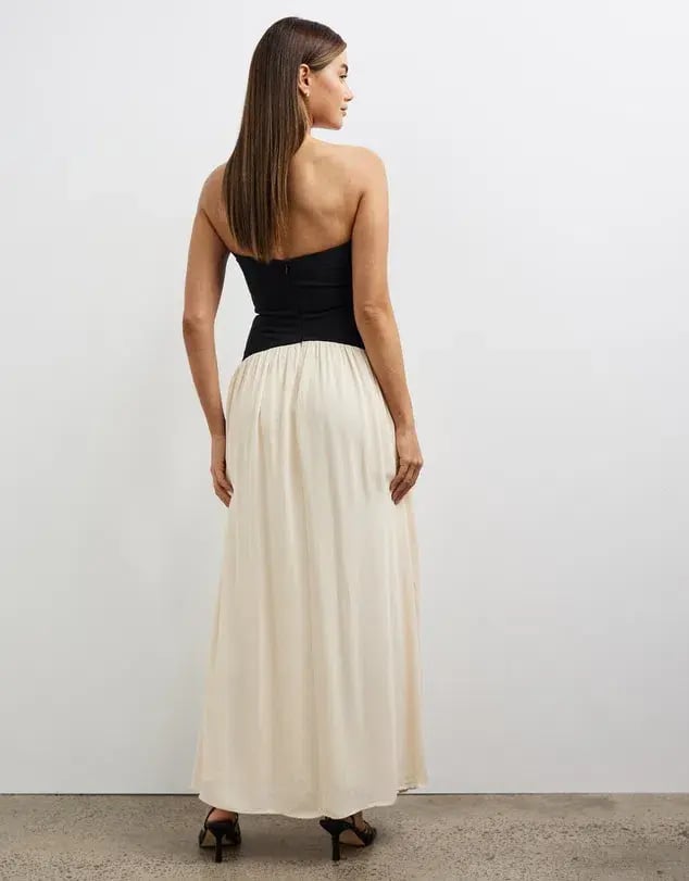 Minima Esenciales Karis Drop Waist Maxi Dress in Black/Cream Size AU 12 photo 3