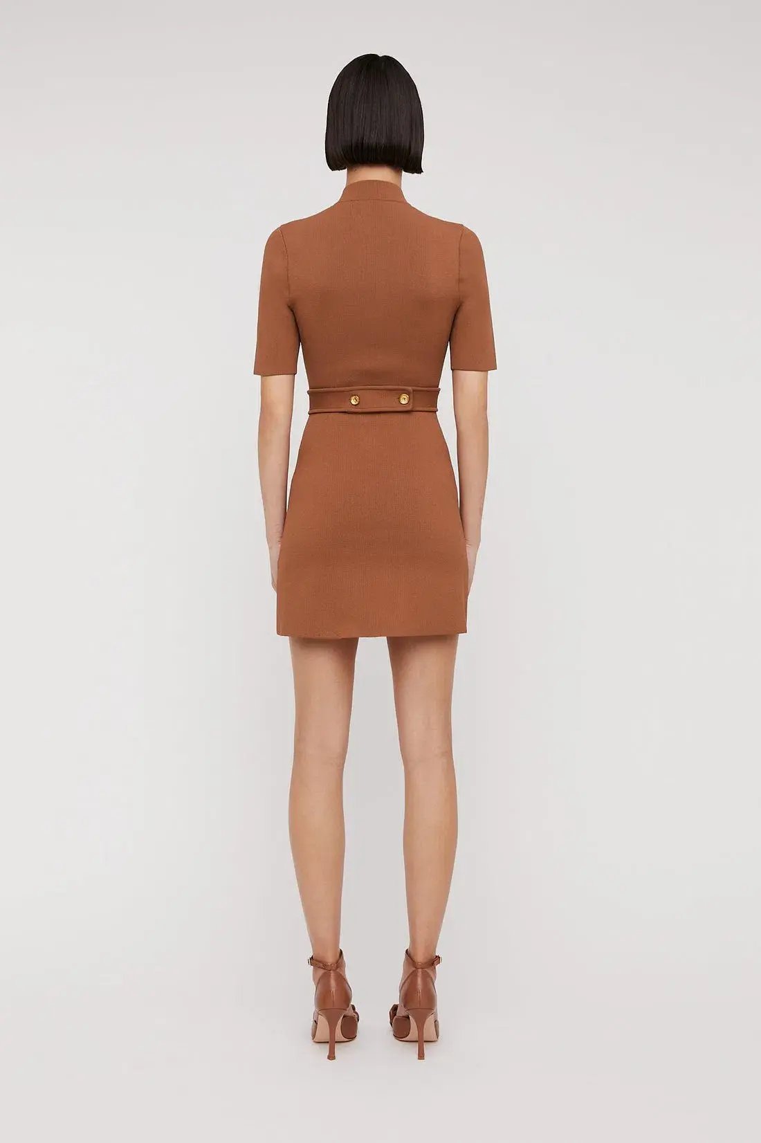 Scanlan Theodore Crepe Knit Mini Button Dress Hazel Brown Size 6 photo 2