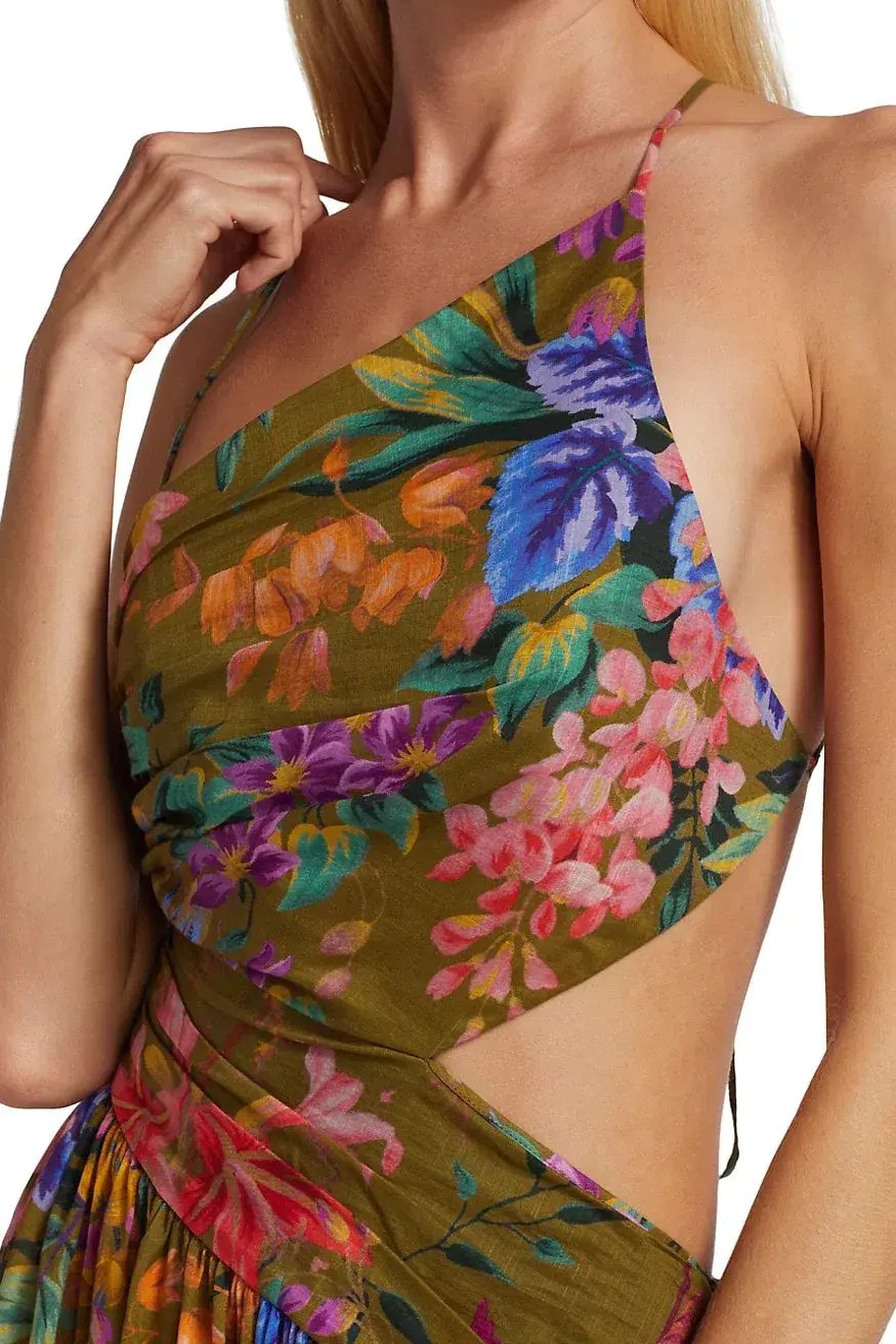 Zimmerman Tropicana Asymmetric Dress Khaki Floral Size 2/ 12 photo 4