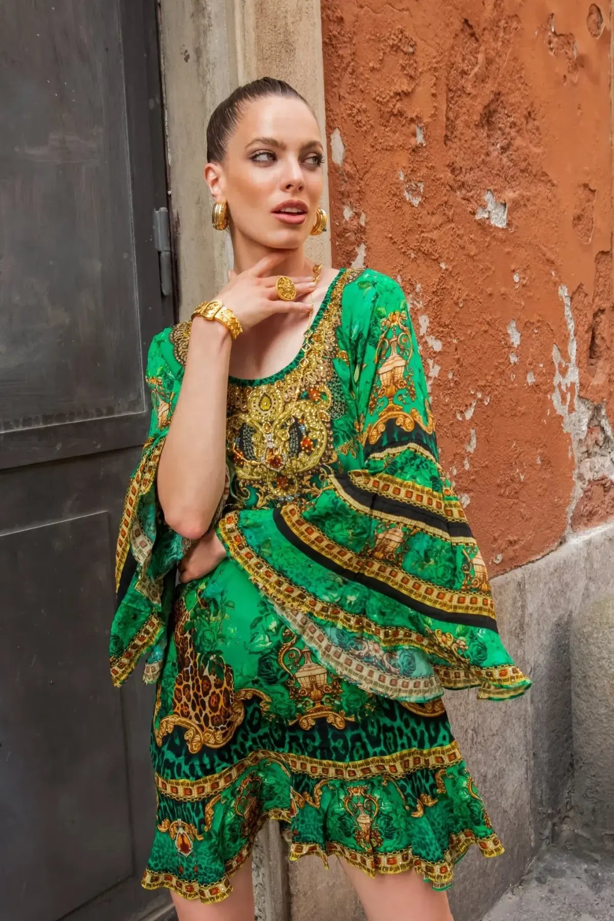 Czarina Emerald Leopardess Frill Dress Mini Green Leopard Print Size L / AU 14 photo 4