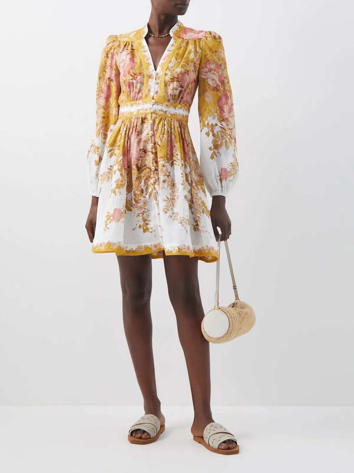 Zimmermann Pattie Plunge Mini Dress Mustard Floral Sz 3/14 photo 2