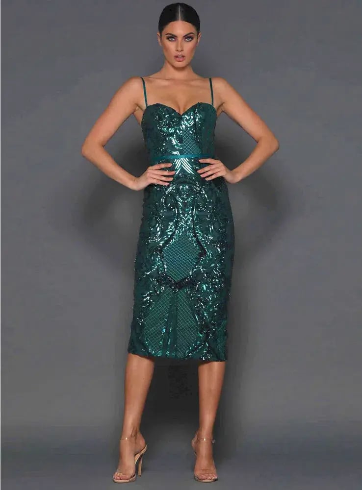 Elle Zeitoune Jones Sequin Midi Dress Emerald Green Size 10 photo 2